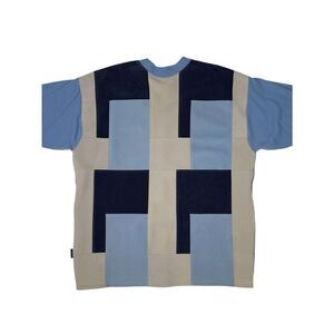 Koman Sport Sweater Mens L Blue Faux Suede Leather Patchwork Short Sleeve Knit